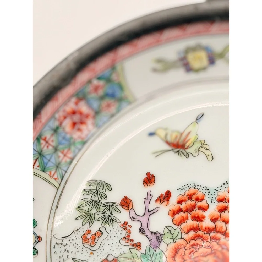 Neiman Marcus Japanese Porcelain Hand Decorated Hong Kong Pewter Encased Bowl